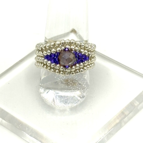 Hand Crafted Jewelry - Hand Crafted Beaded Ring Silver and Purple Crystal